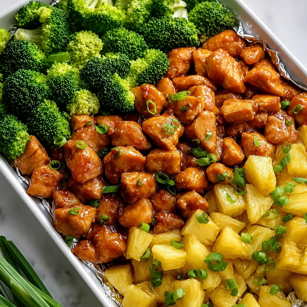 Pineapple chicken stir fry with broccoli, featuring vibrant colors and healthy ingredients.