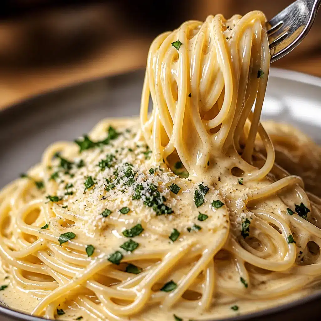 Delicious garlic cream sauce drizzled over pasta and chicken on a serving plate.