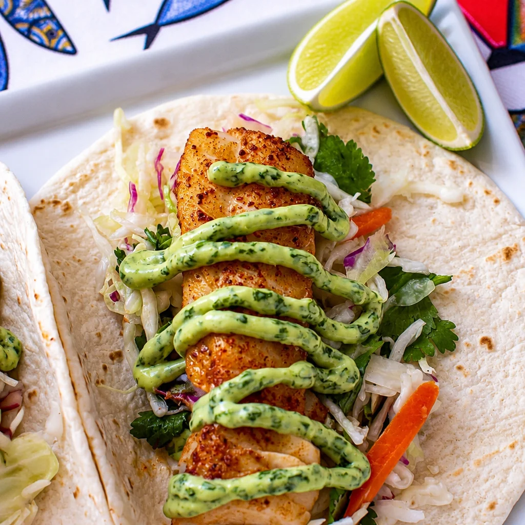 Delicious grilled fish tacos topped with citrus slaw and creamy avocado sauce.