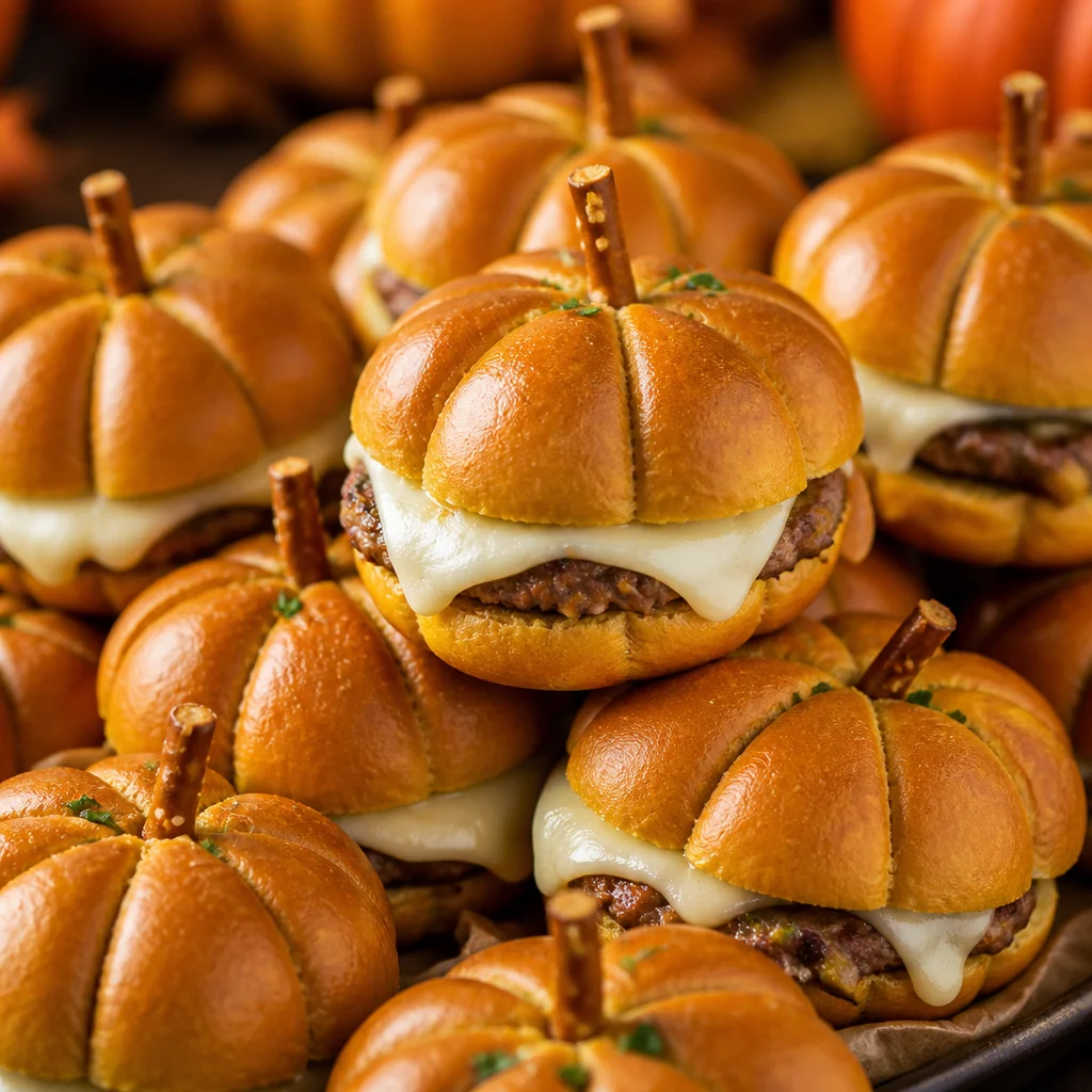 Pumpkin Shaped Sliders displayed on a rustic wooden table for a festive meal.