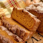 Loaf of Sweet Potato Cinnamon Bread with a cinnamon swirl and crunchy topping.