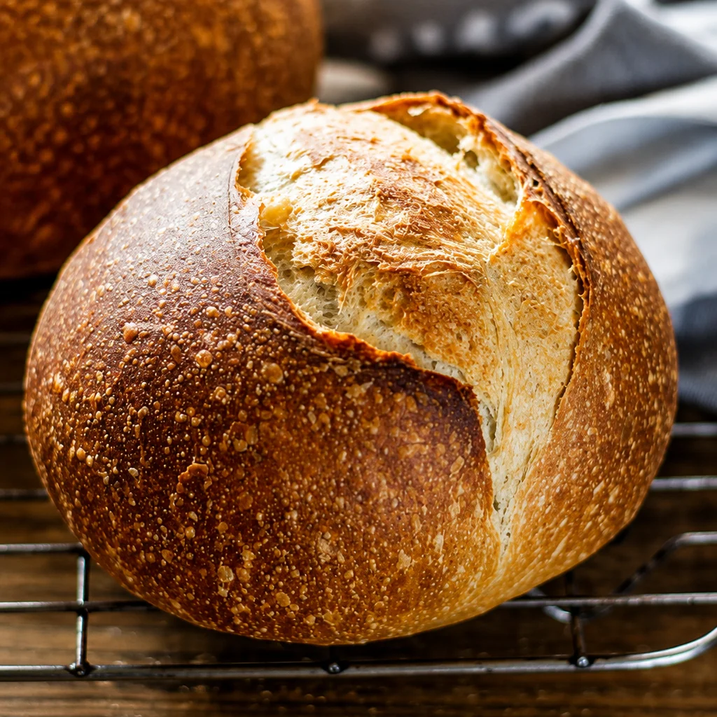 Homemade sourdough bread fresh from the oven, showcasing a crispy crust and soft interior.