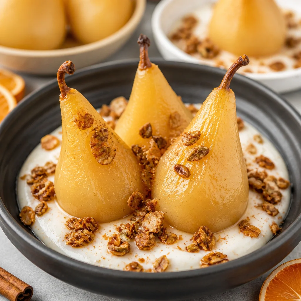 Delicious Vanilla Bourbon Poached Pears with cinnamon and orange garnish.