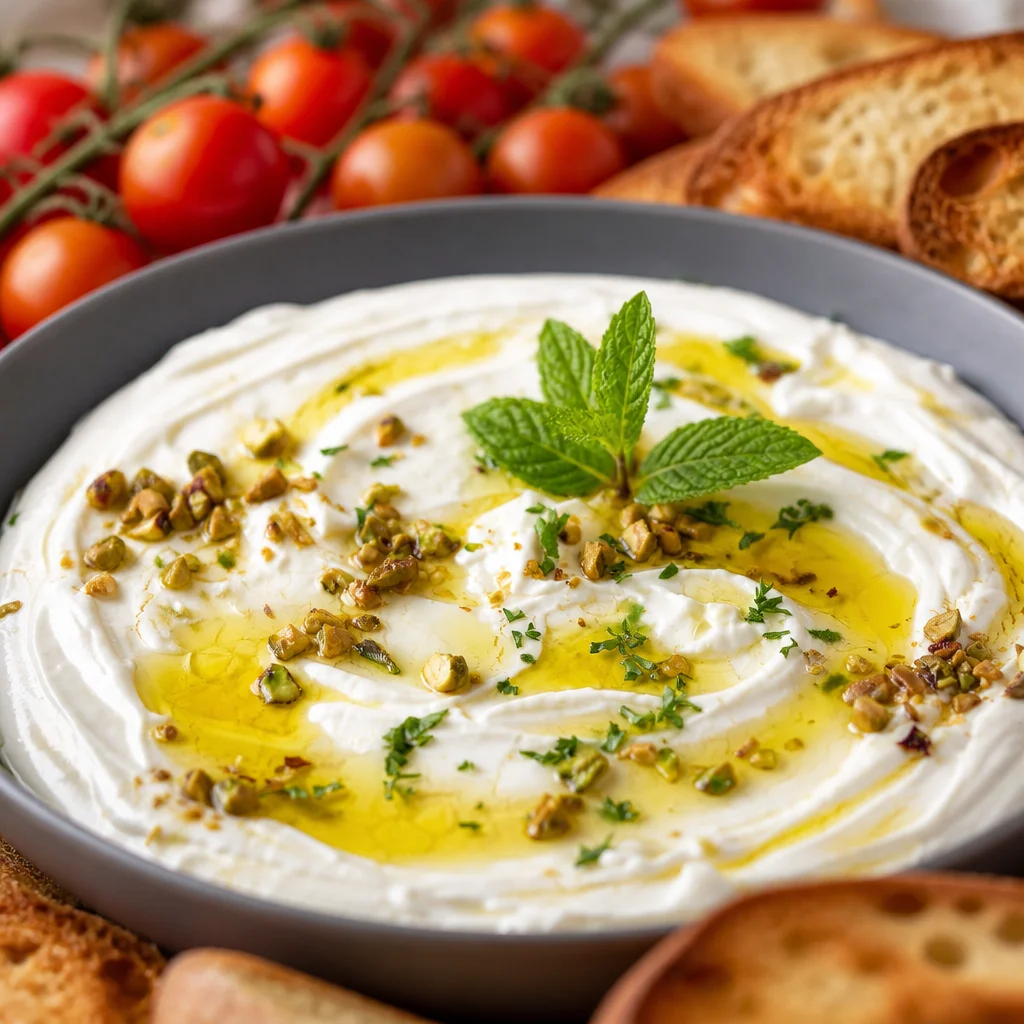 Delicious creamy whipped ricotta dip topped with herbs and honey, perfect for entertaining.