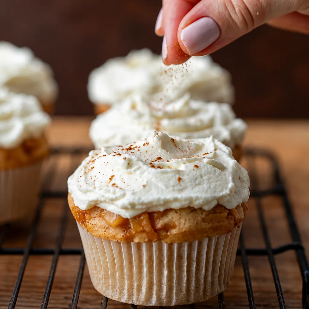 Delicious apple cupcakes topped with cinnamon-cream cheese frosting and caramel.