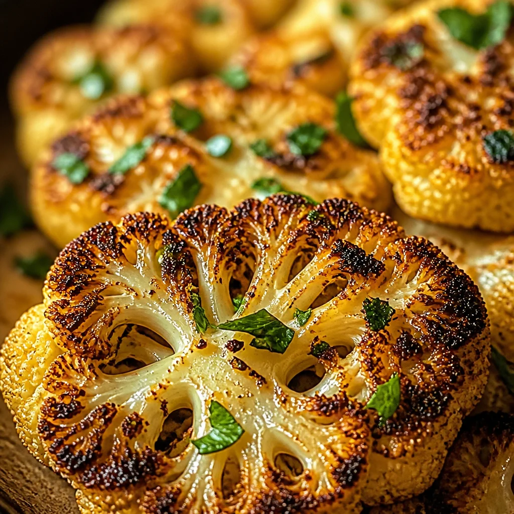 Oven-baked and roasted cauliflower steaks, golden and garnished, served as a healthy meal.
