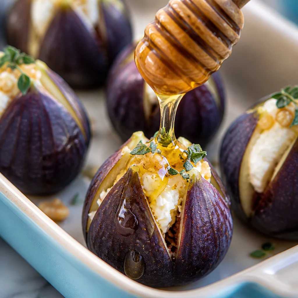 Delicious baked figs topped with goat cheese and honey, perfect for appetizers or desserts