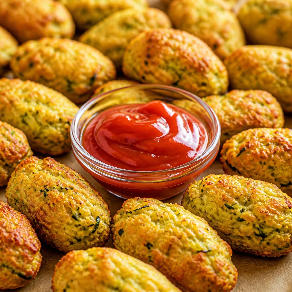 Crispy, cheesy Zucchini Tots fresh from the oven, served as a kid-friendly snack.