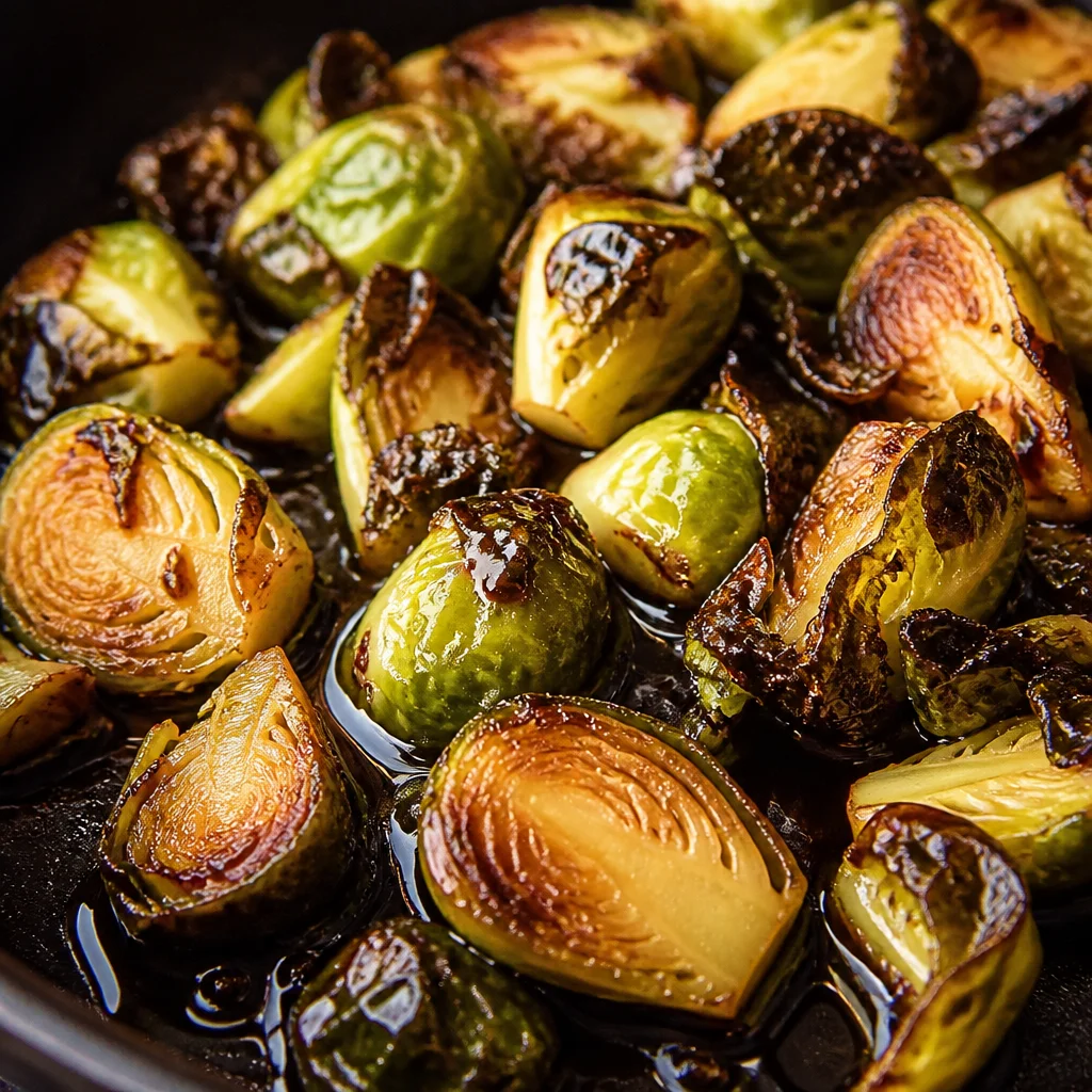 Crispy golden brown Roasted Brussels Sprouts drizzled with balsamic maple dressing.