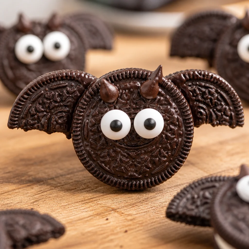 Adorable Bat Oreos decorated for Halloween with candy eyes and chocolate wings.