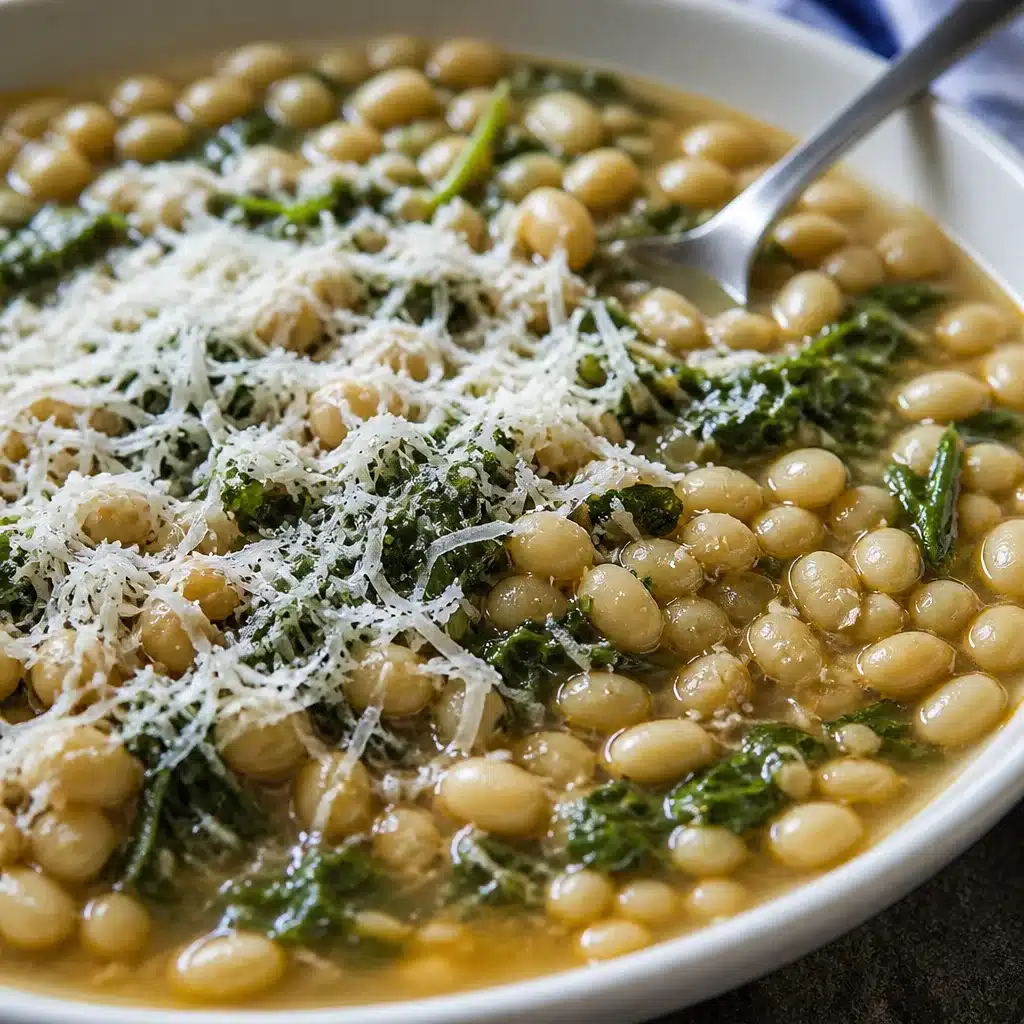 Delicious bowl of braised white beans served with greens and garlic.