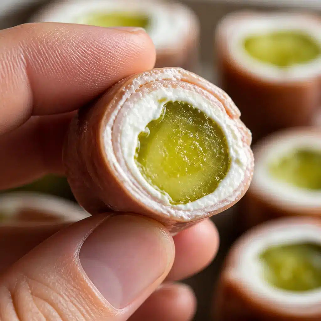 Delicious Pickle Roll Ups made with cream cheese, ham, and dill pickles.