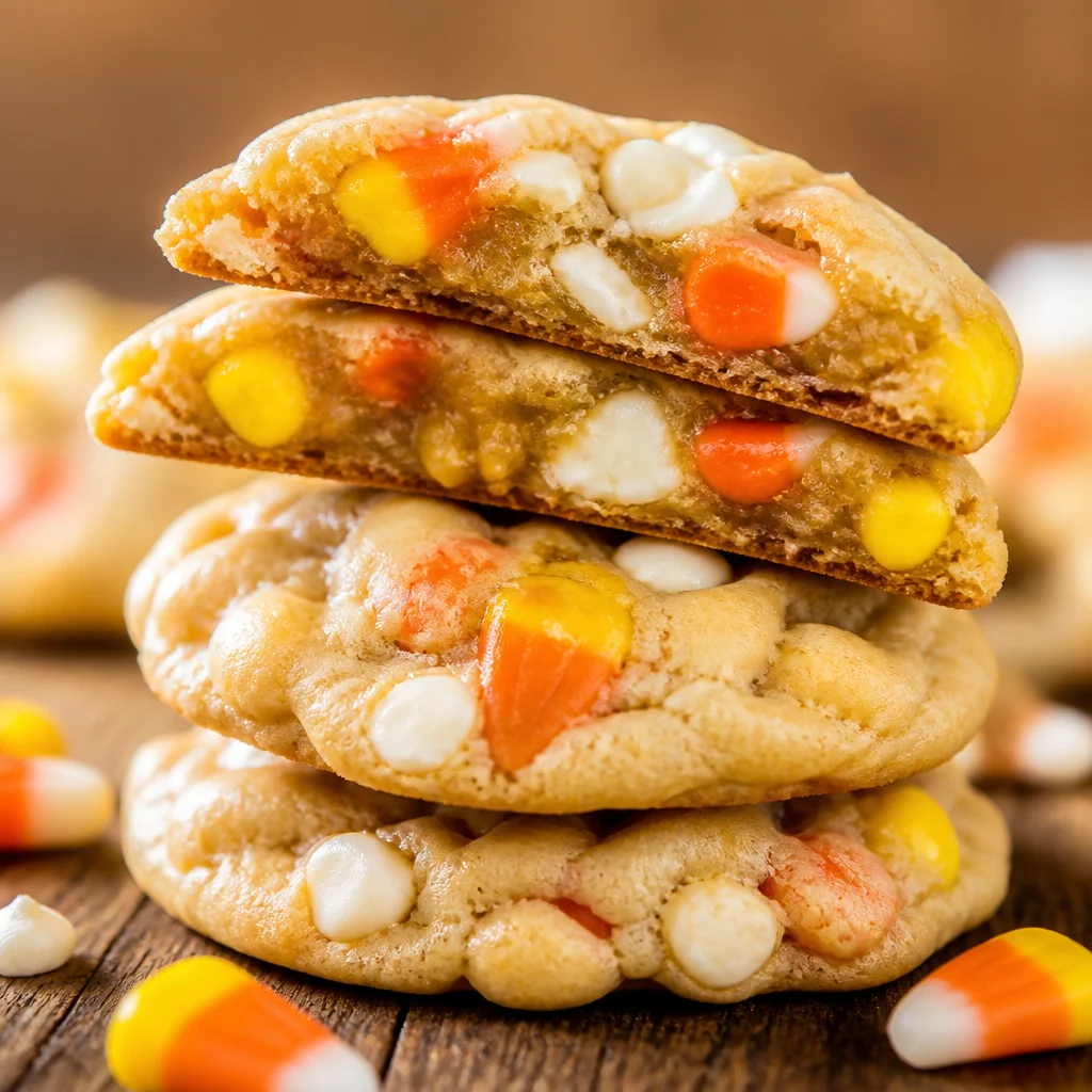 Colorful Candy Corn Cookies topped with candy corn for Halloween festivities.