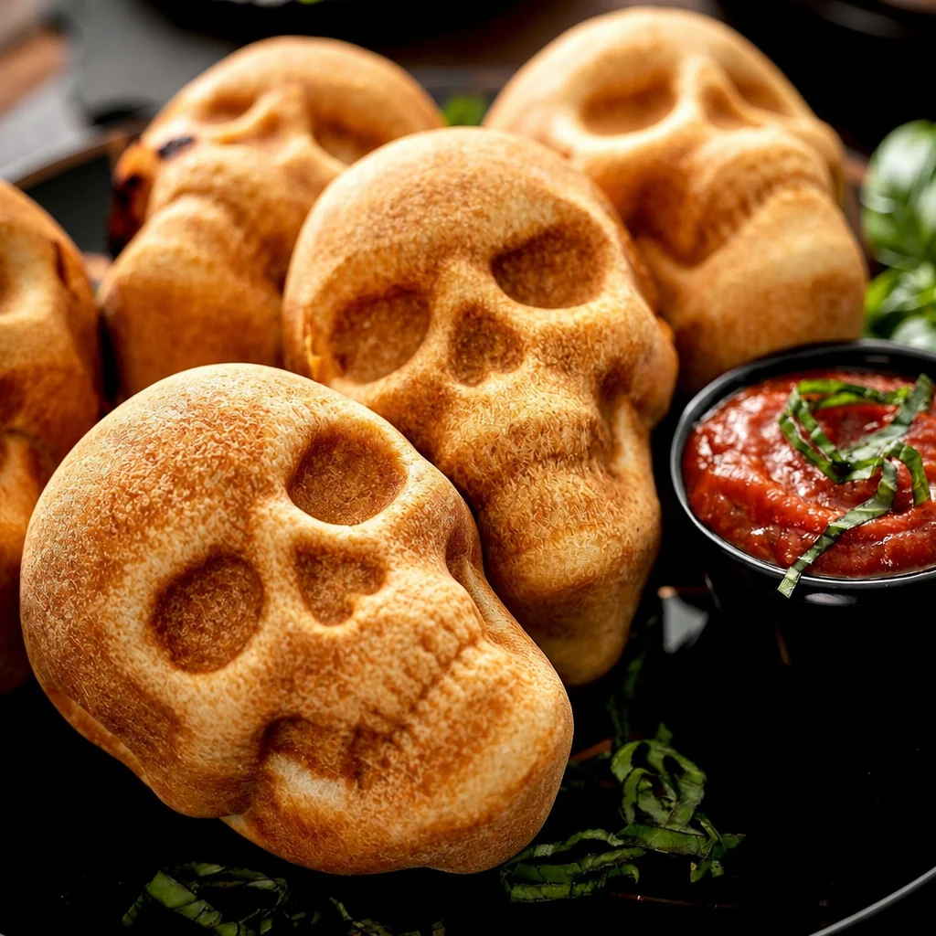 Cheesy Halloween Pizza Skulls filled with favorite toppings for a spooky treat