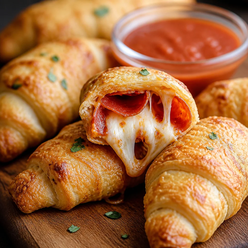 Cheesy Pepperoni Pizza Crescent Rolls filled with pepperoni and melted cheese.