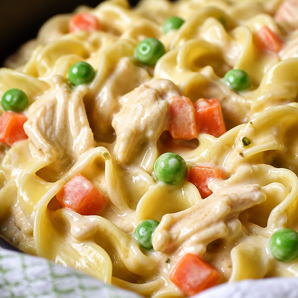 Delicious Chicken Pot Pie Noodles in a skillet, featuring creamy sauce and veggies.