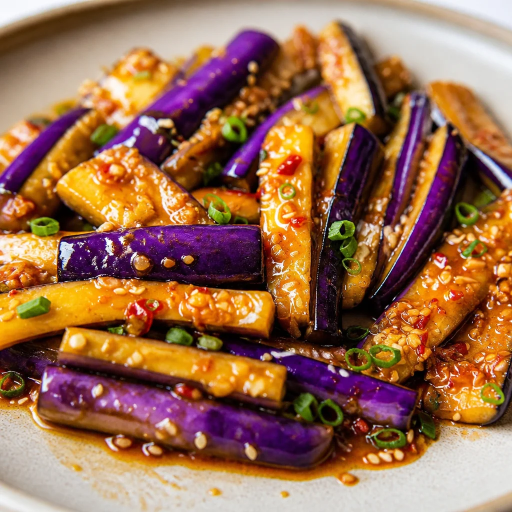 Delicious eggplant stir fry with garlic and soy sauce served with rice.