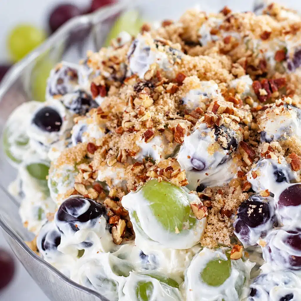 Creamy Grape Salad featuring juicy grapes, cream cheese, and pecans in a delicious dressing.
