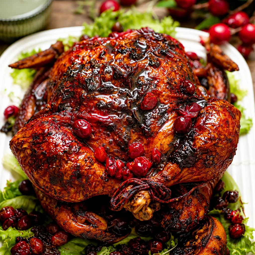 Cranberry Maple Roast Chicken with cranberries and maple glaze on a serving platter.