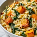 Creamy Butternut Squash Orzo with kale and parmesan in a one-pot dish for a cozy meal.