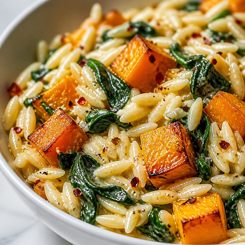 Creamy Butternut Squash Orzo with kale and parmesan in a one-pot dish for a cozy meal.