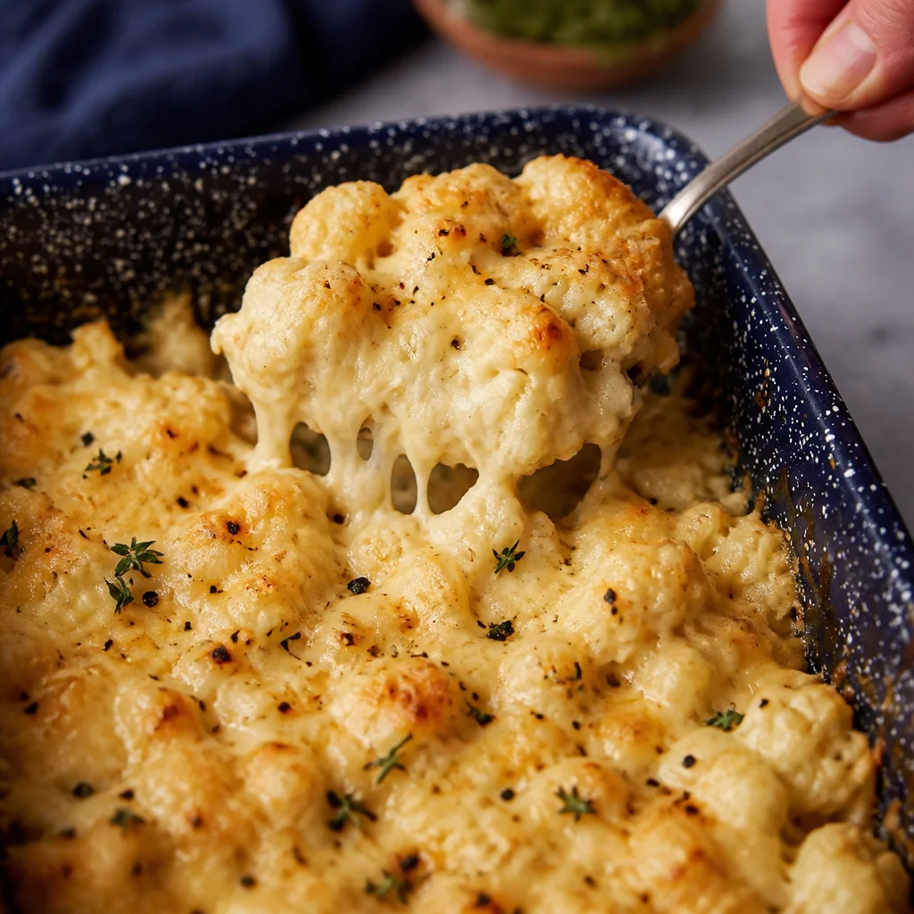 Creamy cauliflower casserole with a crispy topping served in a baking dish
