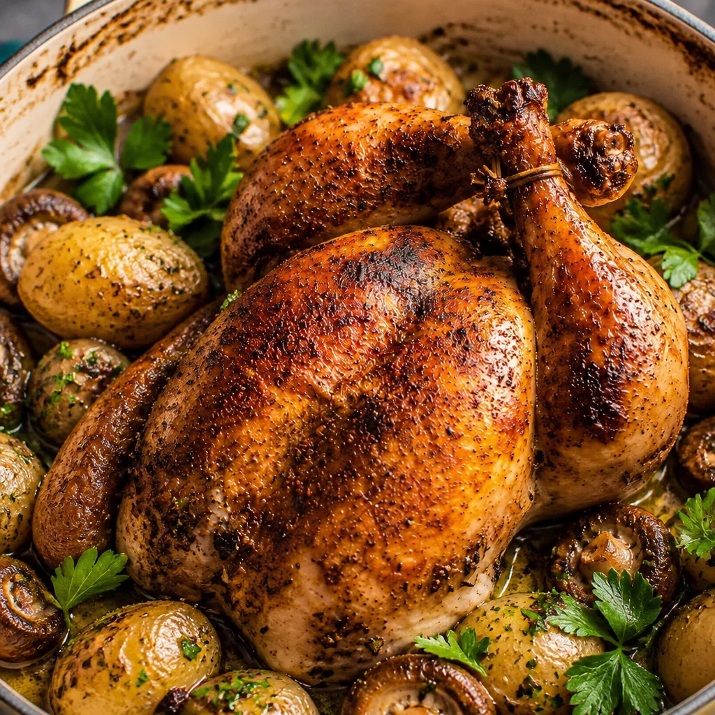 Lemon Herb Pot-Roasted Whole Chicken garnished with lemon slices and herbs.
