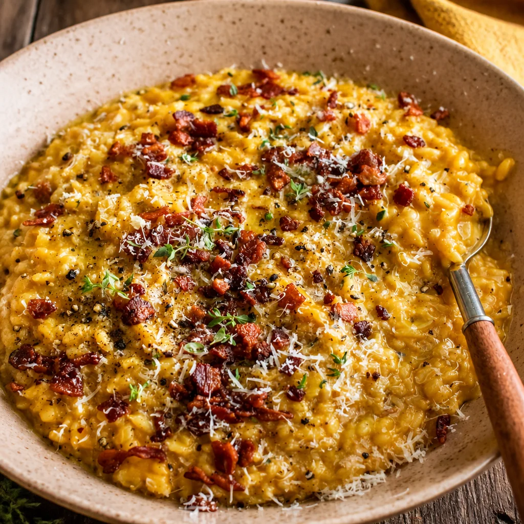Creamy pumpkin risotto garnished with fresh herbs and parmesan cheese.