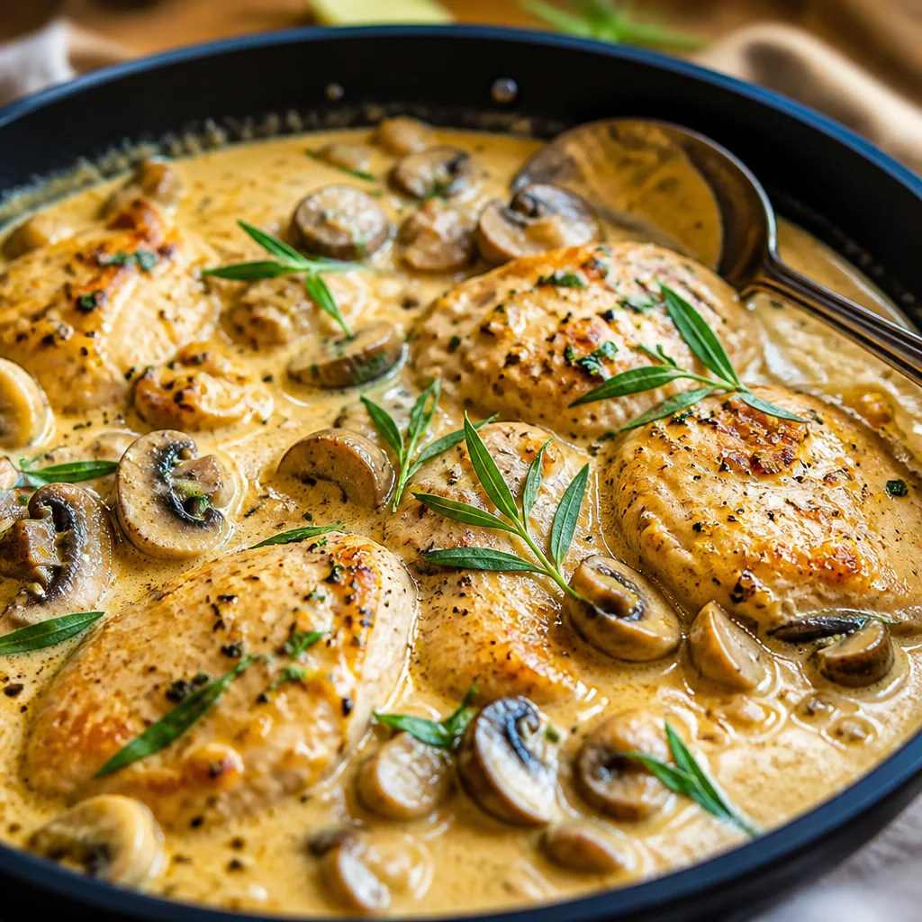Creamy Tarragon Chicken served on a plate with fresh herbs and a side dish.