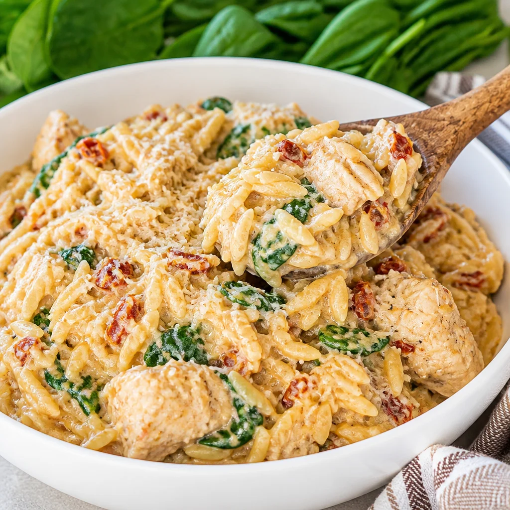 Creamy Tuscan Chicken Orzo with spinach and sun-dried tomatoes in a skillet.