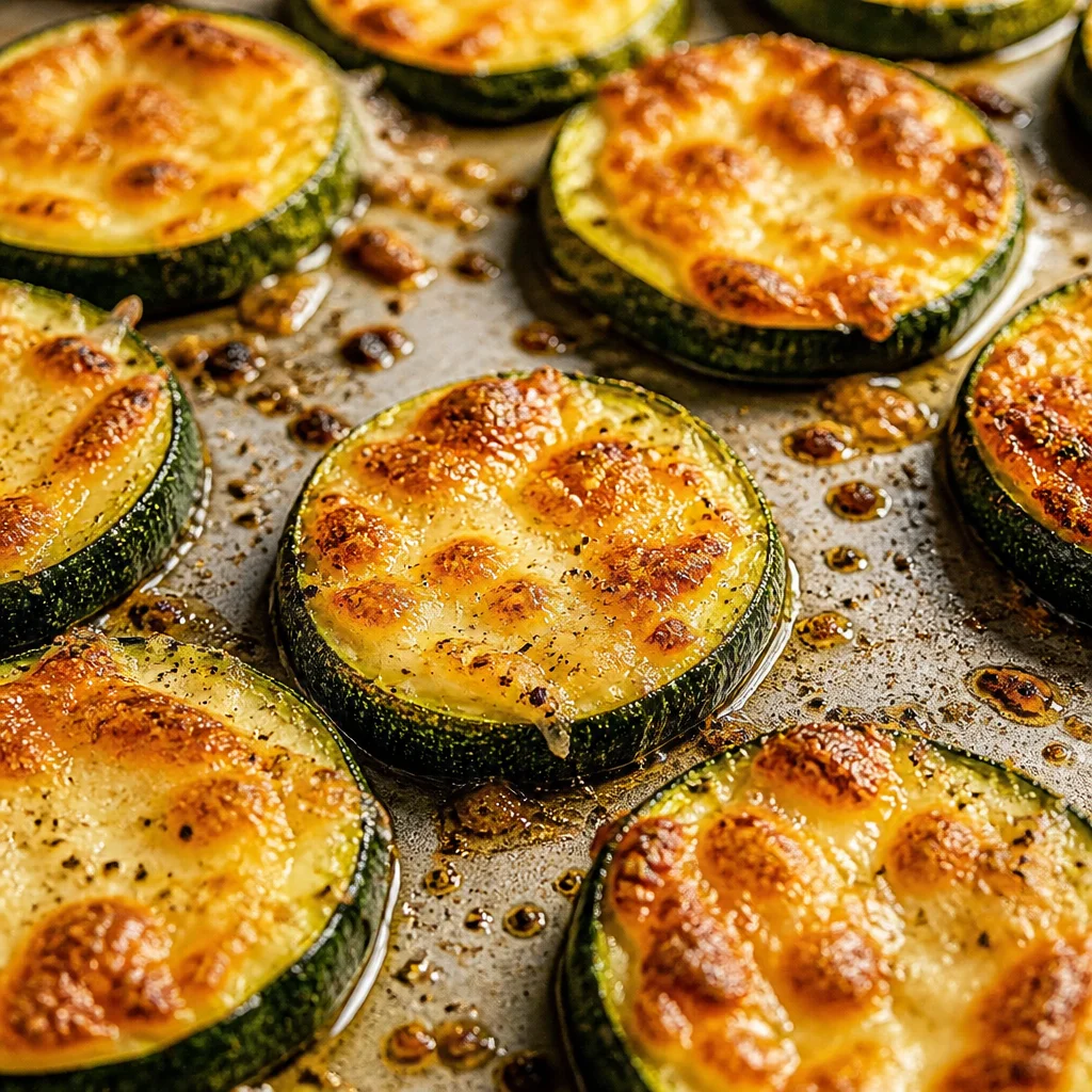 Crispy Baked Parmesan Zucchini rounds topped with melted cheese and herbs.