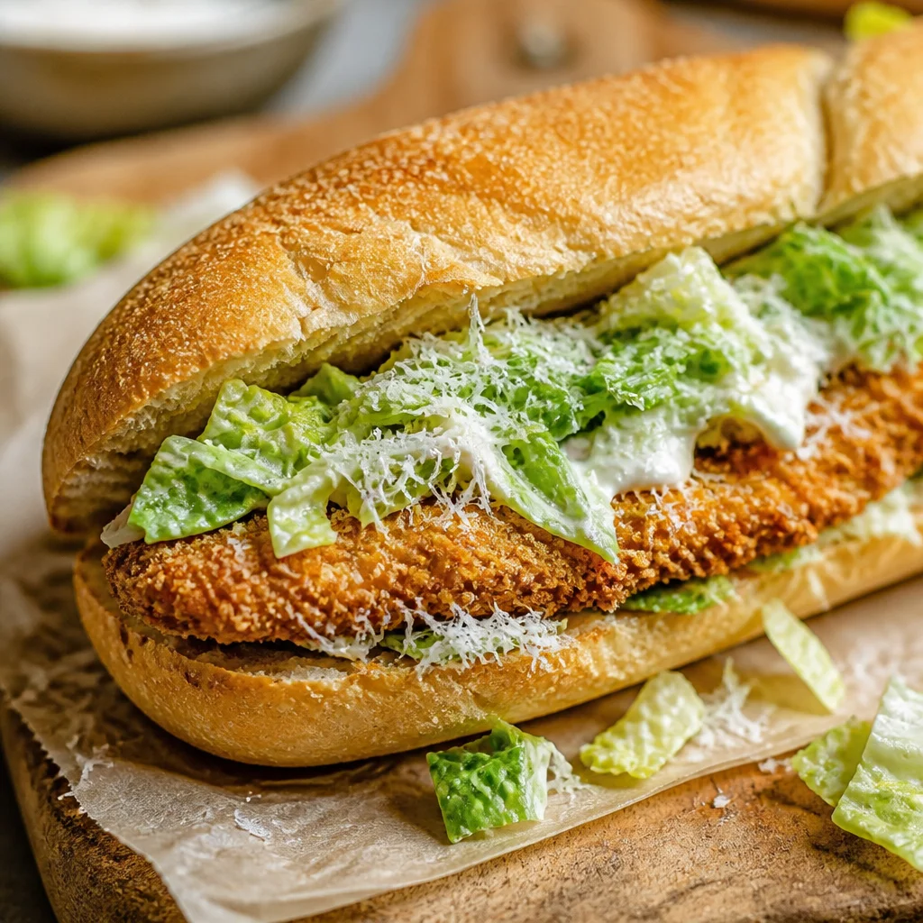 Crispy Chicken Caesar Sandwich with romaine lettuce and parmesan cheese on a toasted roll.