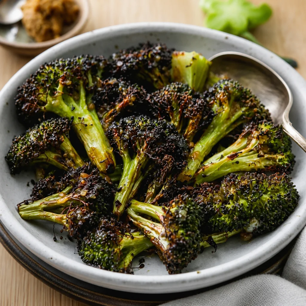 Miso Roasted Broccoli with crispy edges and tangy miso sauce.