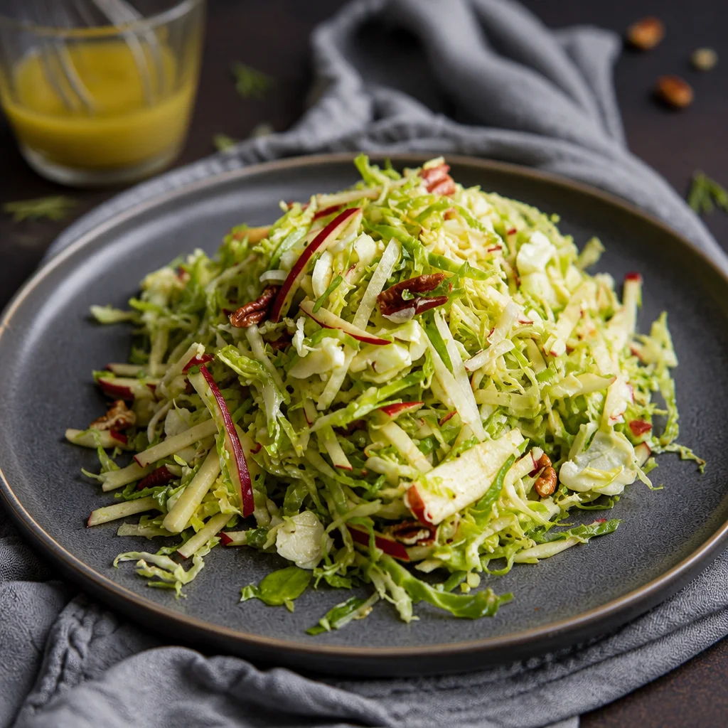 Apple Brussels Sprouts Slaw with creamy dressing served in a bowl.