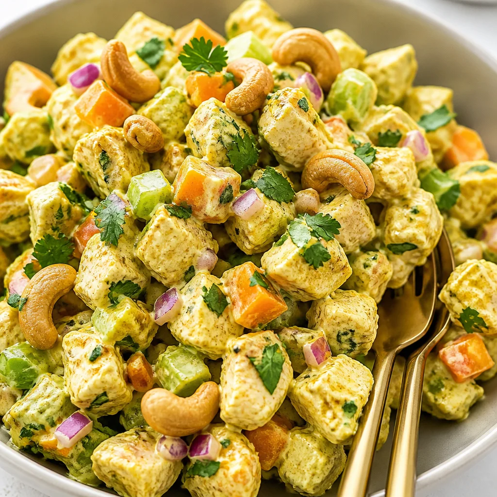 Bowl of flavorful Curry Chicken Salad with chicken, raisins, and curry spices