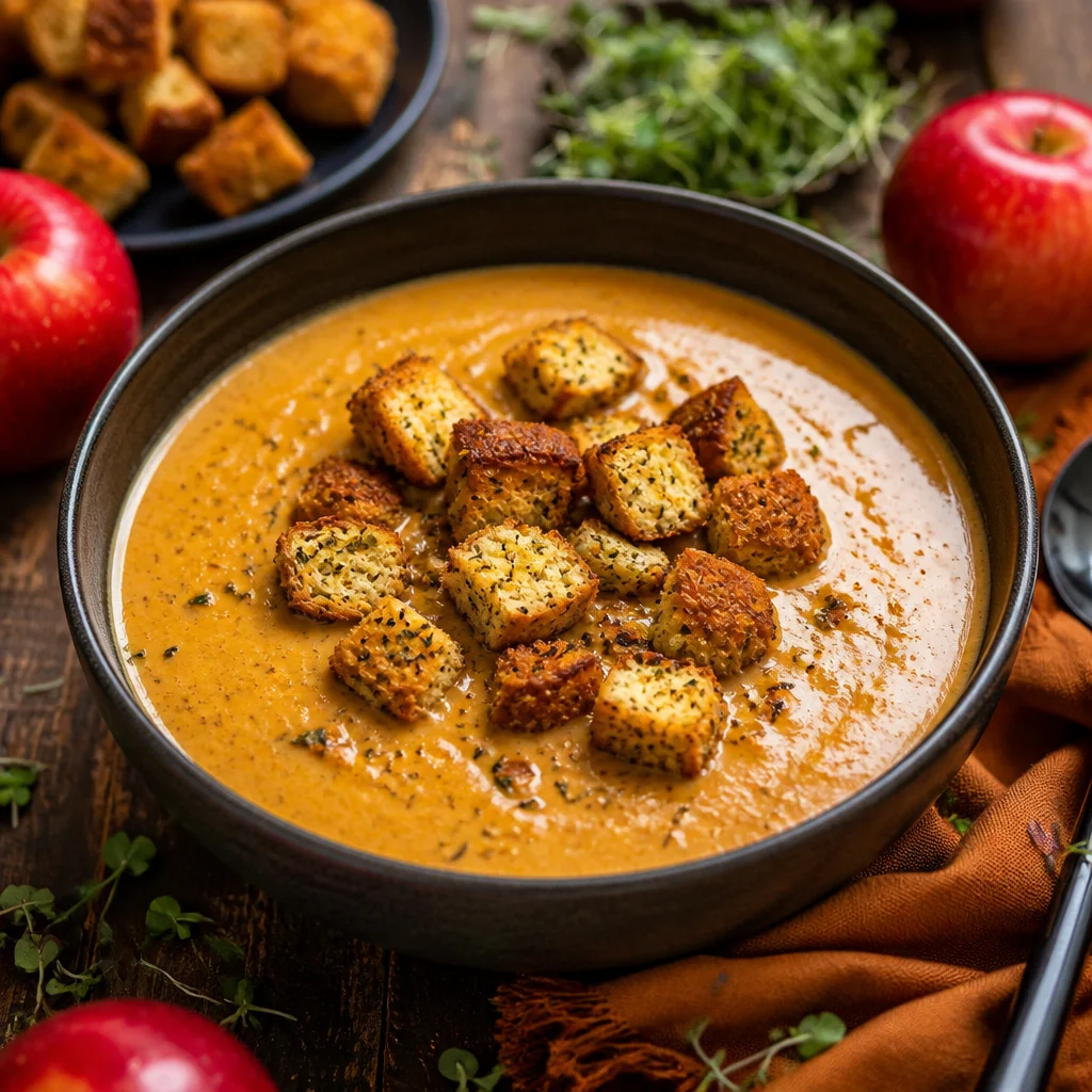 Bowl of creamy Apple Pumpkin Soup garnished with spices and fresh herbs.