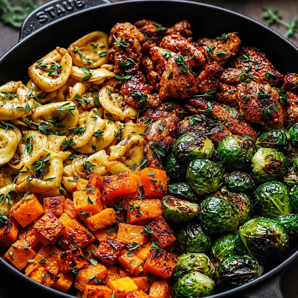 One Pan Autumn Chicken Dinner with Roasted Vegetables on a rustic table