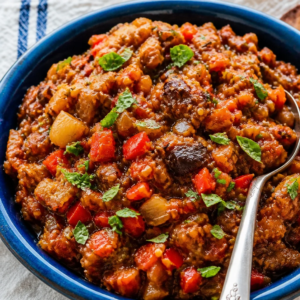 Delicious Sicilian caponata made with eggplant, tomatoes, olives, and capers