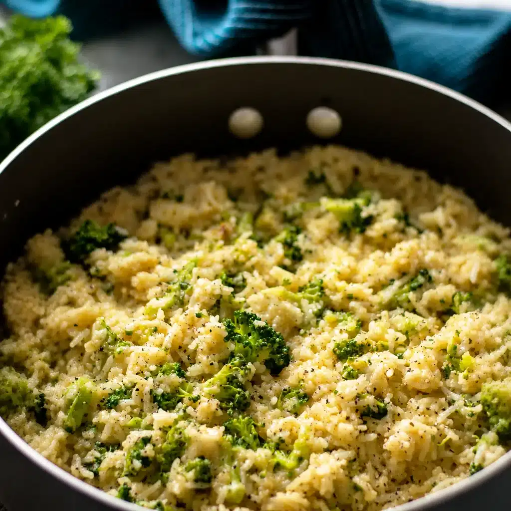 Creamy Cheesy Broccoli Rice dish served in a bowl with a sprinkle of cheese on top.