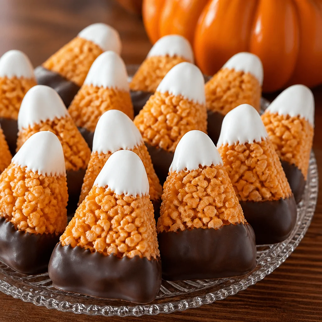 Chocolate Dipped Candy Corn Treats for Halloween, perfect fall dessert.