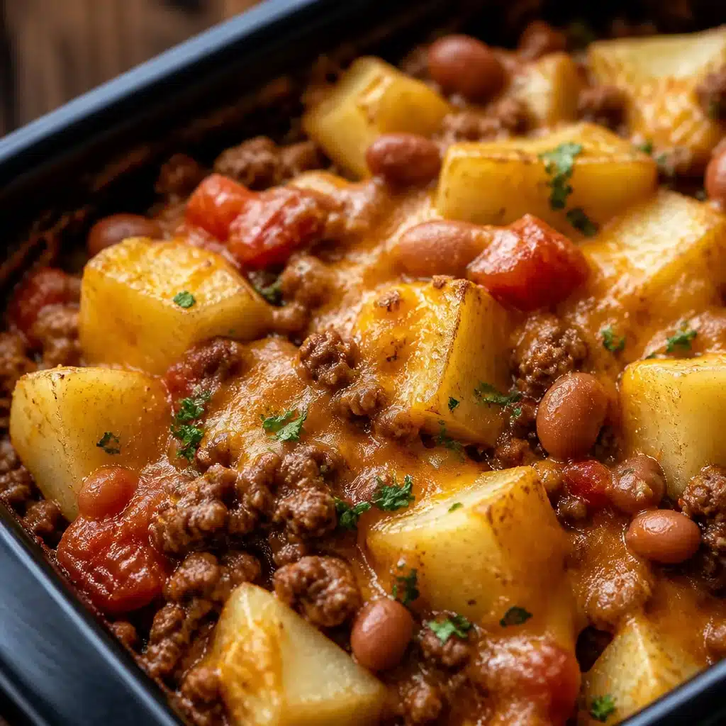 Delicious Cowboy Casserole topped with crispy tater tots and ground beef mix.