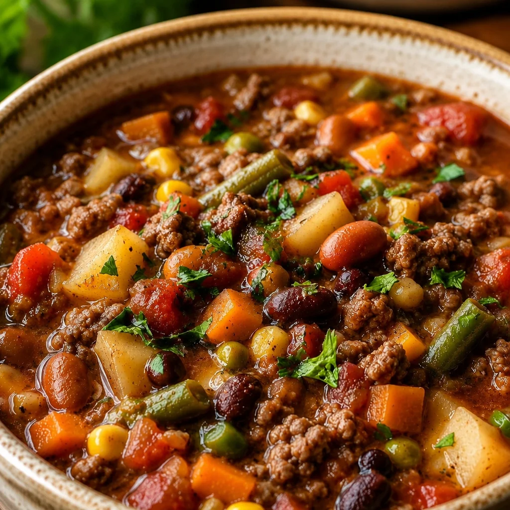 A bowl of hearty Crockpot Cowboy Soup with ground beef and vegetables in a tomato base.