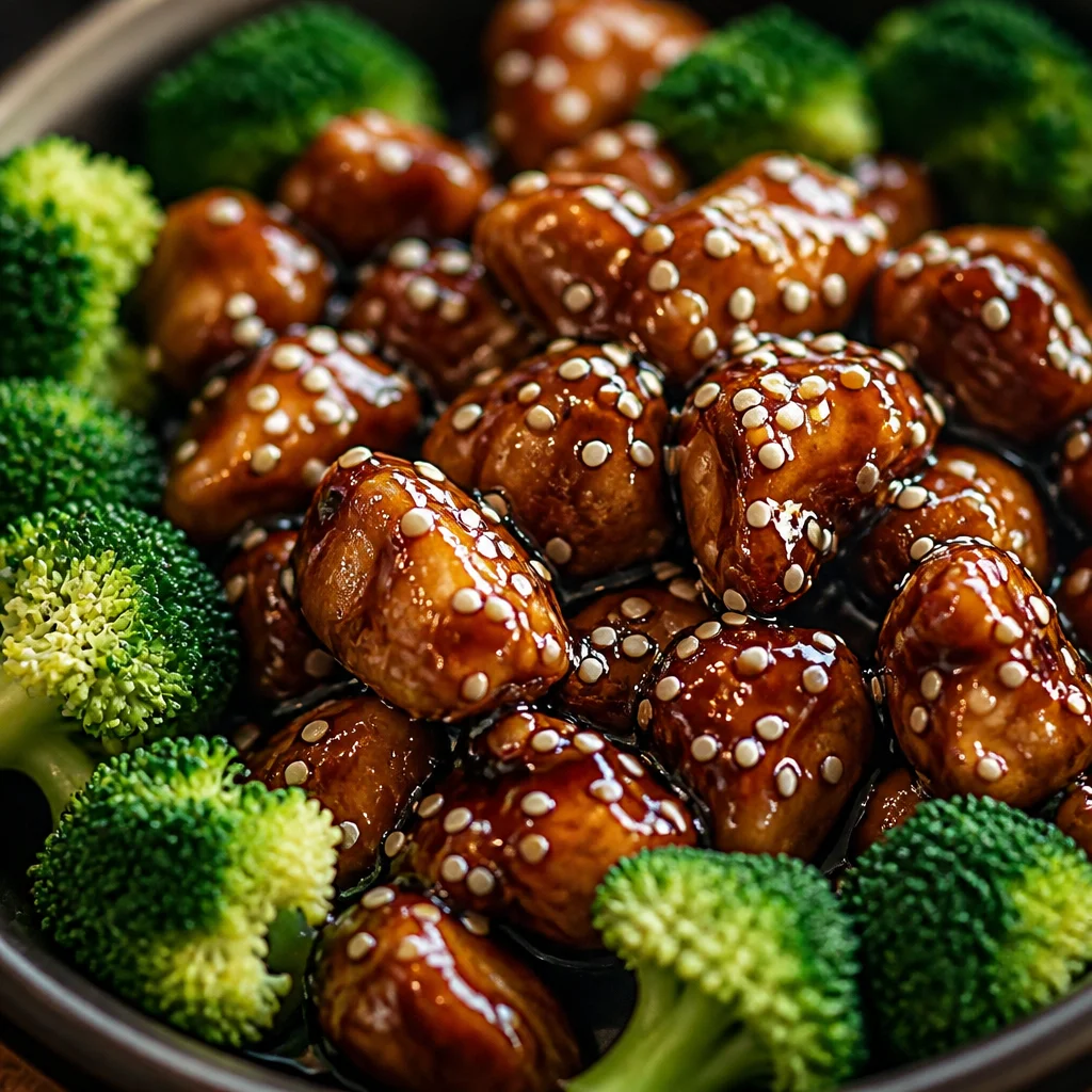 Crockpot Teriyaki Chicken served over rice with sauce and broccoli.