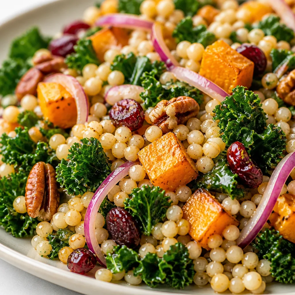 Colorful Fall Couscous Salad with butternut squash, cranberries, and pecans