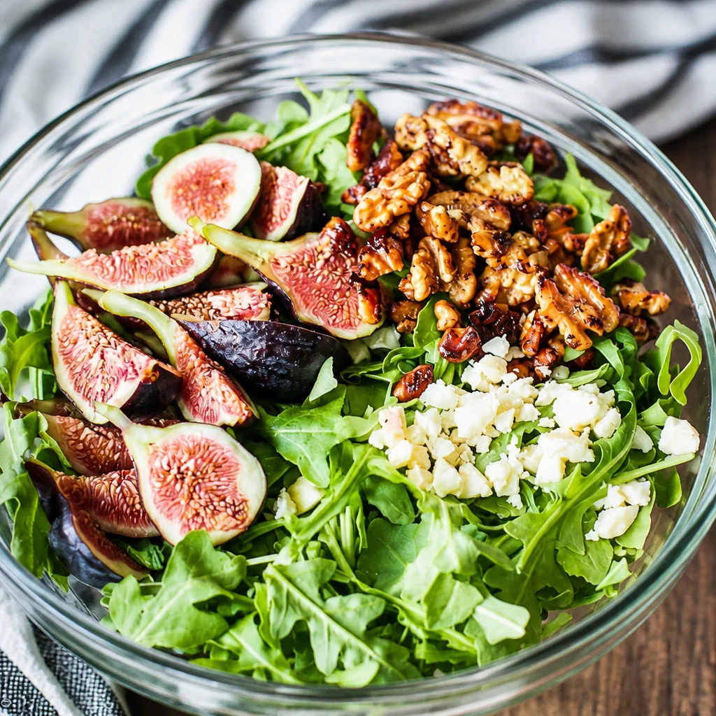 Fig Arugula Salad with fresh figs, arugula, nuts, and creamy balsamic dressing.