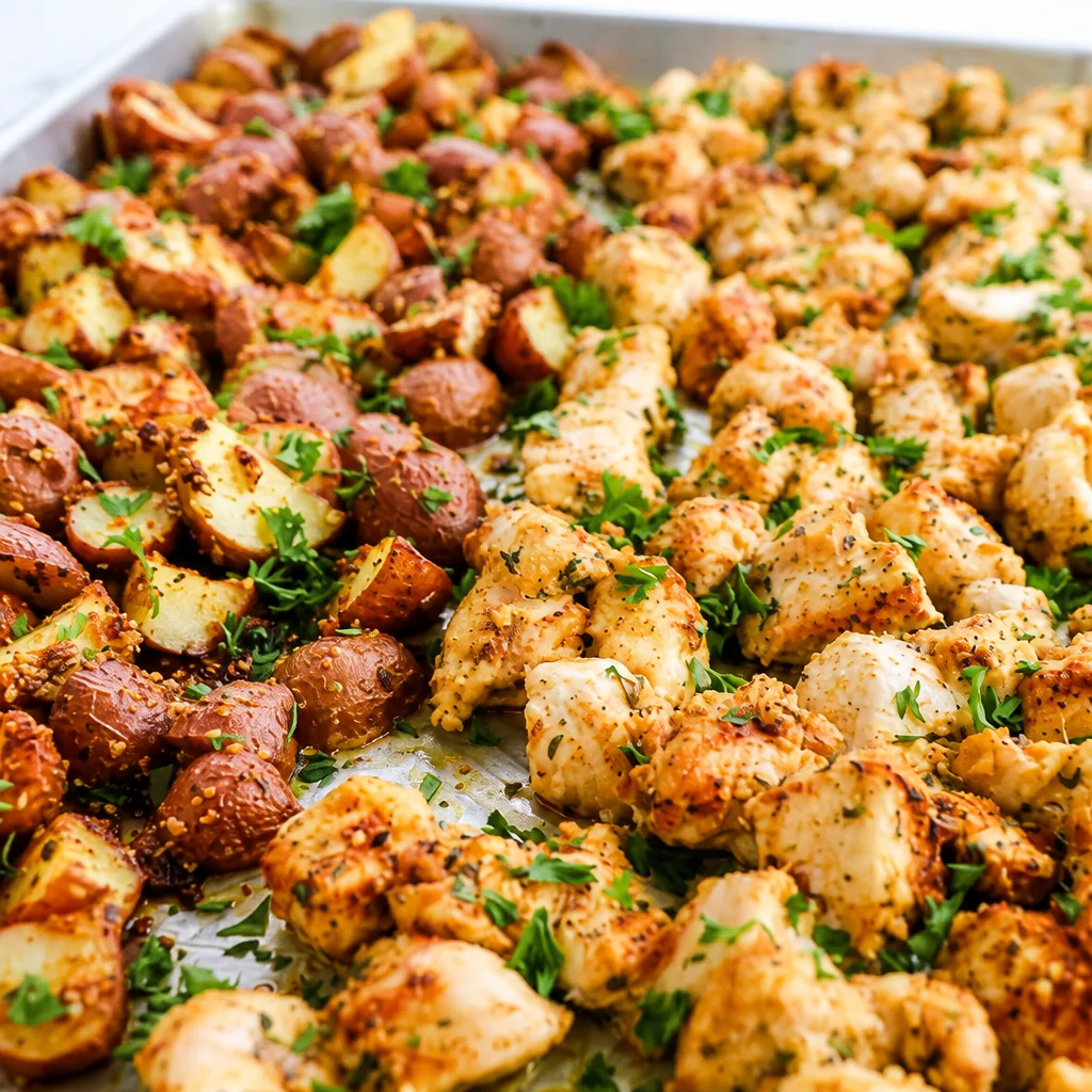 Delicious Garlic Parmesan Chicken and Potatoes served on a plate.