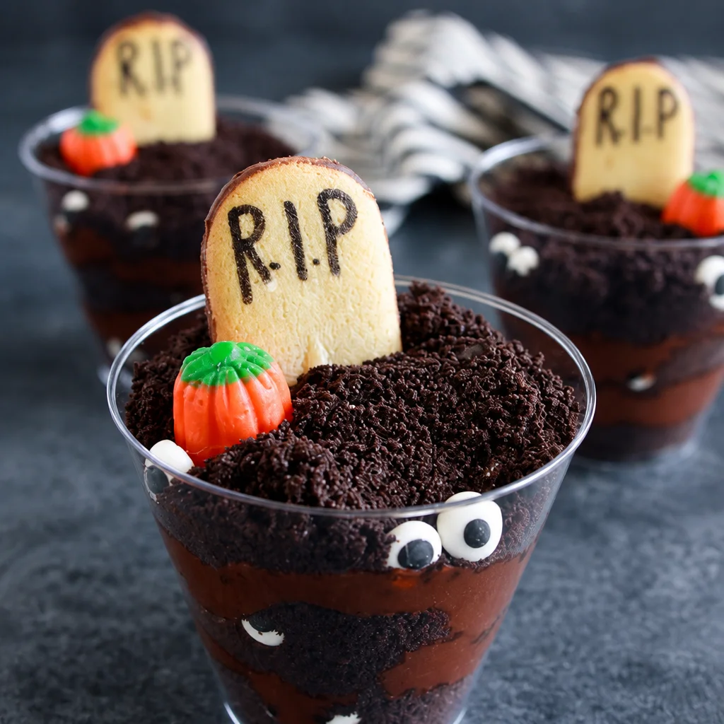 Delicious Graveyard Pudding Cups decorated with cookies and gummy worms for Halloween.