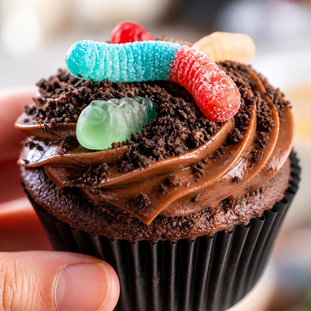 Delicious Halloween Dirt Cupcakes with chocolate frosting, crushed Oreos, and gummy worms