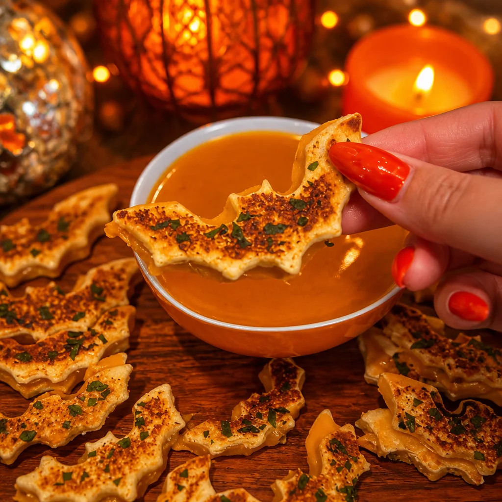 Mini Bat Grilled Cheese Sandwiches styled for Halloween with melted cheese and festive shapes
