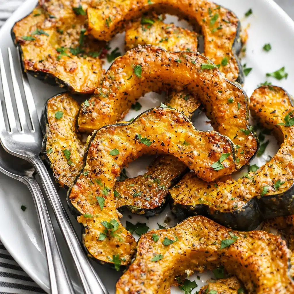 Parmesan Herb Roasted Acorn Squash sliced and seasoned with herbs and cheese.